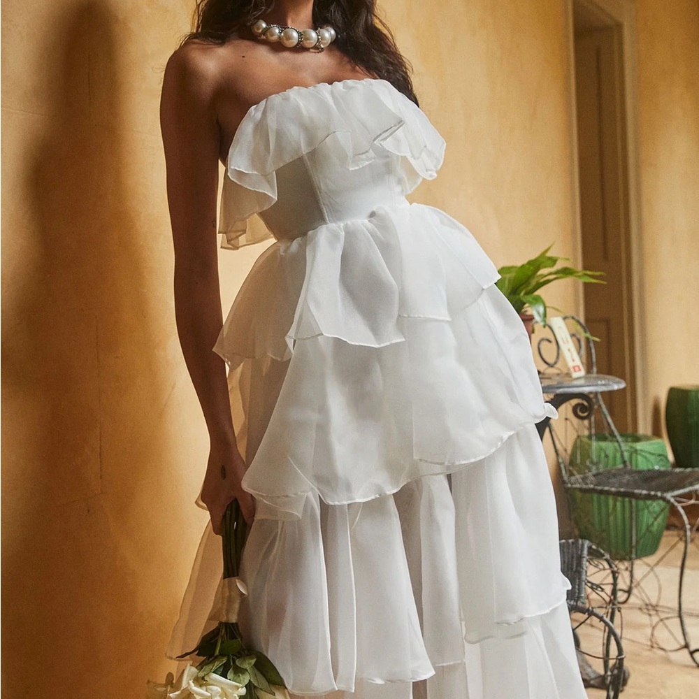 Elegant White Strapless Ruffle Dress